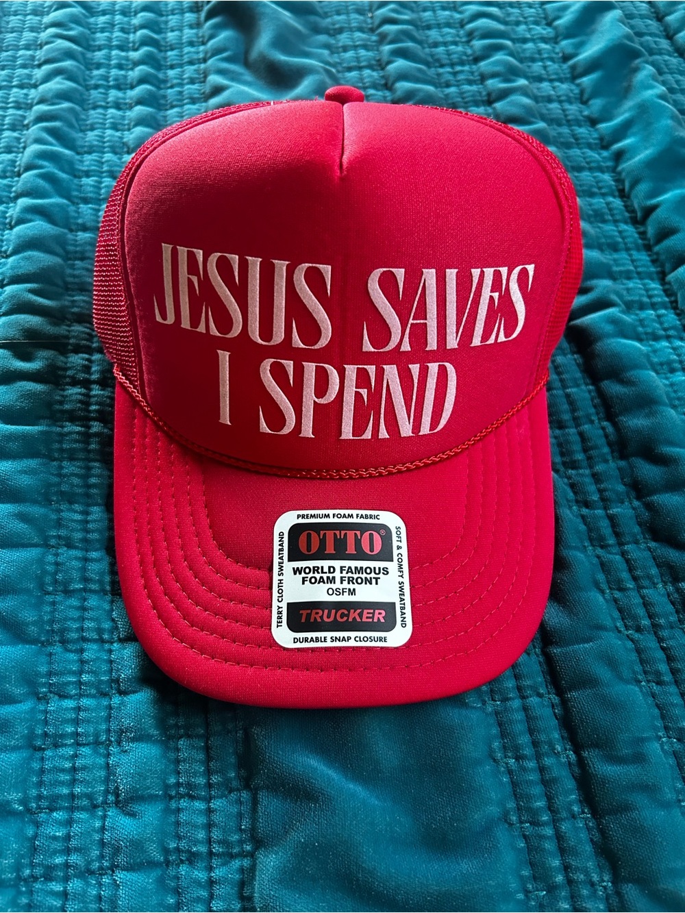 NWT Otto Red Foam Trucker Hat 'Jesus Saves I Spend'